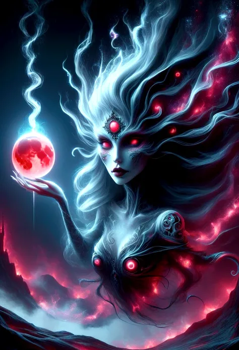 Red female necromancer with a blood moon, featuring ray tracing, a masterpiece, and the highest quality. Capture the essence of the character in her detailed eyes, mesmerizing lips, and face. Add elements of surrealism and darkness to enhance the atmospher...