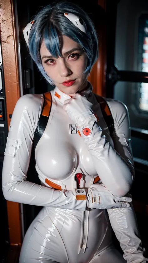 (masterpiece), (best quality), (red eyes), (epiCRealLife), (red lipstick), (j4nu4ryj0n3s) (young woman), (European Model), (Plugsuit), (ayanami_rei plugsuit), interface headset, white bodysuit),(white gloves) (red eyes), (blue hair), (medium breasts), (in ...