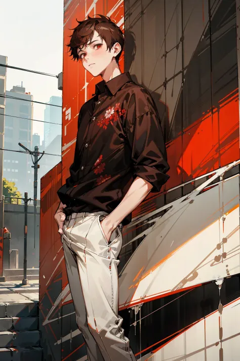 1male, buzzcut, brown hair, red eyes, expressionless, black shirt, white pants, red floral open shirt, city background, detailed...