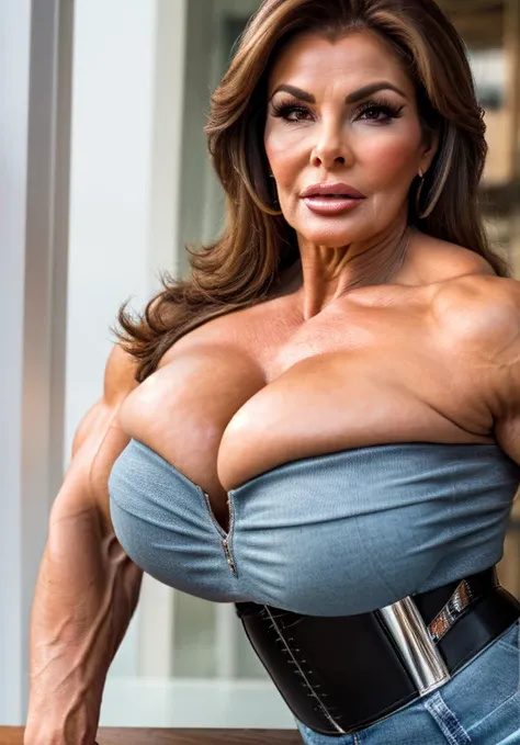 61 year old Raquel Welch, grey hair, A heavily muscled iffb pro female bodybuilder, (Realistic, high resolution:1.3), (Upper body), 1 girl with perfect figure, Super fine face and eyes, Denim corset top, Skinny jeans, cafe shop, Sitting, (Big breasts), cle...