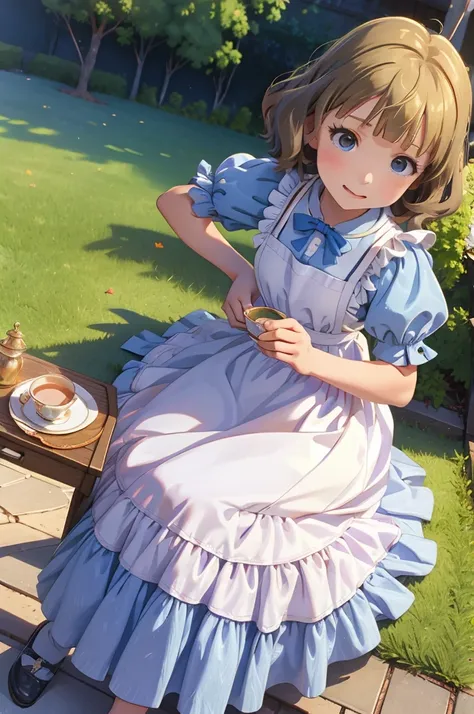 momoko suou (million live), 1 girl, Solo, 11 years old, Lori, , Cute Girl,Best Quality, Ultra-detailed, 8K, High resolution, Alice in Wonderland, Twin tail, sky blue dress, frilled dress, white apron, frilled apron, garden, tea time,