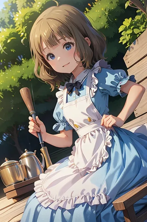 momoko suou (million live), 1 girl, Solo, 11 years old, Lori, , Cute Girl,Best Quality, Ultra-detailed, 8K, High resolution, Alice in Wonderland, Twin tail, sky blue dress, frilled dress, white apron, frilled apron, garden, tea time,