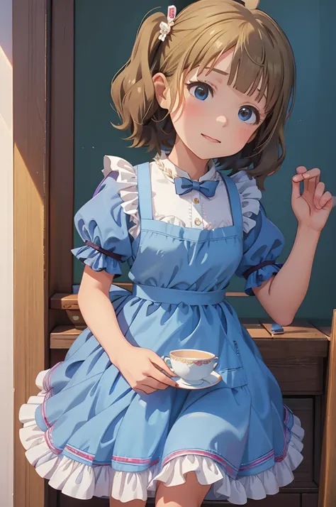 momoko suou (million live), 1 girl, Solo, 11 years old, Lori, , Cute Girl,Best Quality, Ultra-detailed, 8K, High resolution, Alice in Wonderland, Twin tail, sky blue dress, frilled dress, white apron, frilled apron, garden, tea time,