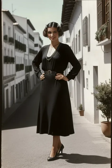 Tetouan, 1936. Full body portrait of a young ((((25 Jahre alt)) Sira Quiroga)), Nice, schlank, in einer Schneiderwerkstatt, ein Kleid an einer Schaufensterpuppe befestigen, ((((modische Kleidung aus den 1930er Jahren)))), ((Frisur der 1930er Jahre)), (bunt...