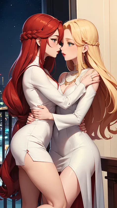 Two beautiful women with long braided red hair and mid wavy blond hair, respectivetly, with green eyes wearing a Short Mock Neck Cut Out Dress, Sexy Criss Cross Mock Neck ((Mid Sleeves)) Dress, ((luxurious jewelry)), standing in a balcony at night, hugging...