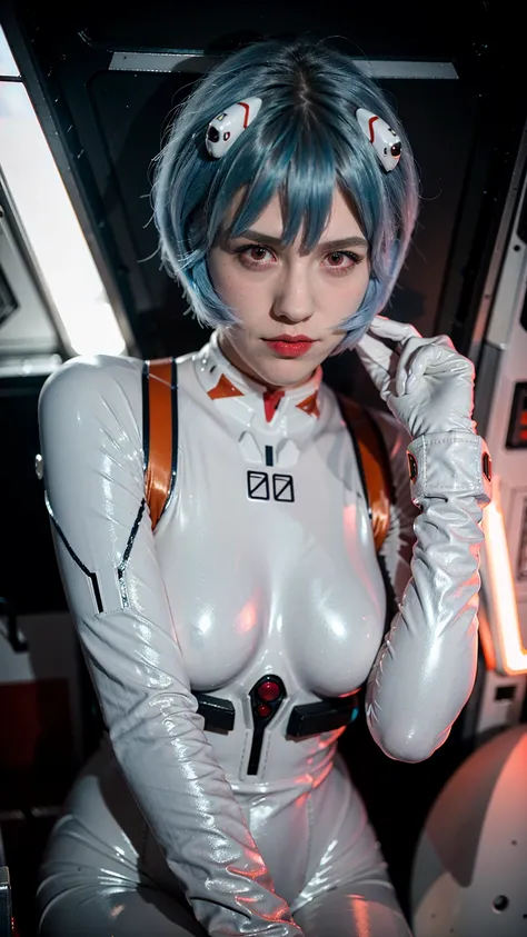 (masterpiece), (best quality), (red eyes), (epiCRealLife), (red lipstick), (j4nu4ryj0n3s) (young woman), (European Model), (Plugsuit), (ayanami_rei plugsuit), interface headset, white bodysuit),(white gloves) (red eyes), (blue hair), (medium breasts), (in ...