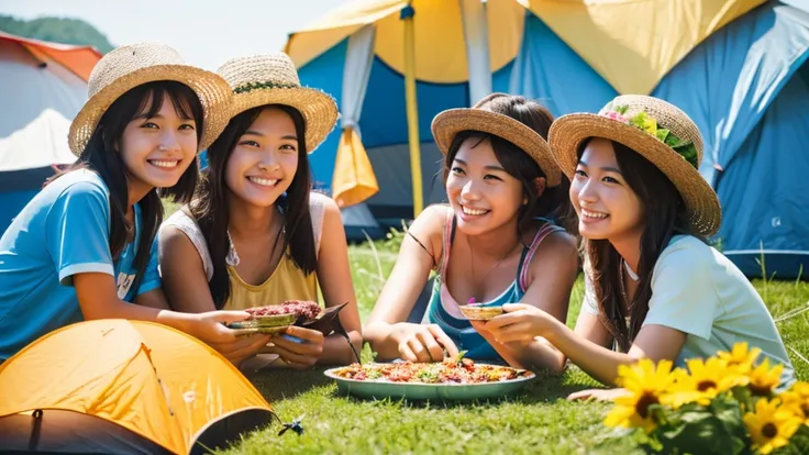 Seaside camping、Summer Camp、Four Girls、Around the bonfire、smile、Sunflower Hair Ornament、Photorealistic、4K.