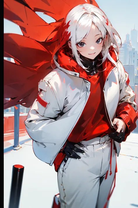 1female, white hair, red oumbre hair, two toned hair, black eyes, smiling, white undershirt, red baggy jacket, white pants, city background, detailed background, hands to side, standing on path