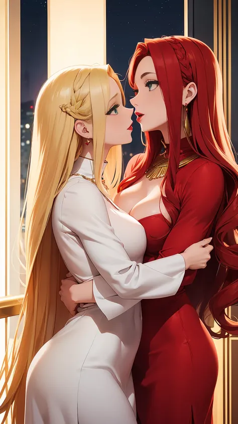 Two beautiful women with long braided red hair and mid wavy blond hair, respectivetly, with green eyes wearing a Short Mock Neck Cut Out Dress, Sexy Criss Cross Mock Neck ((Mid Sleeves)) Dress, ((luxurious jewelry)), standing in a balcony at night, hugging...