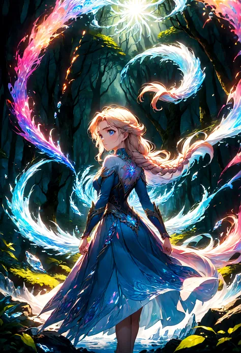 1girl, elsa, braided hair, long hair, dress, (Back View:1.4), outdoor, forest, magic, fighting stance, ice, ice magic, anime screenshot, source_anime, dramatic composition, cinematic dynamic action scene, vibrant colors, cinematic lighting, dramatic lighti...