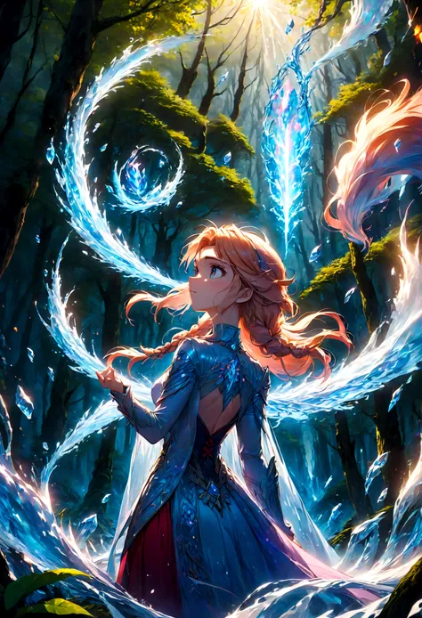 1girl, elsa, braided hair, long hair, dress, (Back View:1.4), outdoor, forest, magic, fighting stance, ice, ice magic, anime screenshot, source_anime, dramatic composition, cinematic dynamic action scene, vibrant colors, cinematic lighting, dramatic lighti...