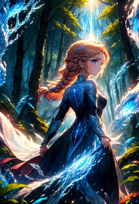 1girl, elsa, braided hair, long hair, dress, (Back View:1.4), outdoor, forest, magic, fighting stance, ice, ice magic, anime screenshot, source_anime, dramatic composition, cinematic dynamic action scene, vibrant colors, cinematic lighting, dramatic lighti...