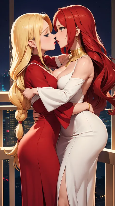 Two beautiful women with long braided red hair and mid wavy blond hair, respectivetly, with green eyes wearing a Short Mock Neck Cut Out Dress, Sexy Criss Cross Mock Neck ((Mid Sleeves)) Dress, ((luxurious jewelry)), standing in a balcony at night, hugging...