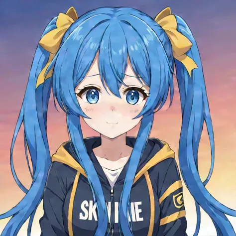 Anime girl with long blue hair and black and yellow jacket,  Big band-aid on the tip of the nose、Anime Style 4k, Anime Moe Art Style, Twin tails、Amazing Anime 8K, , high quality Anime art style, Kantai Collection Style, Blue long hair girl, Anime art style...