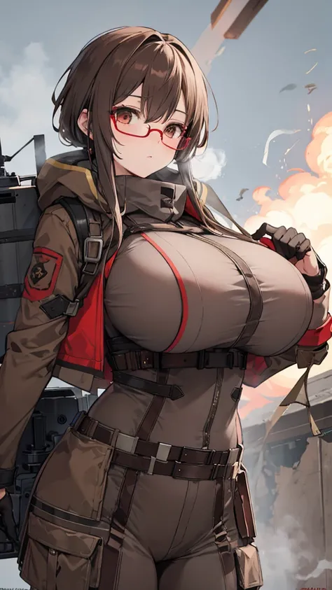 brown and gray sniper girl wearing brown militray suit，Huge Breasts，ruins，red glasses，Thick smoke