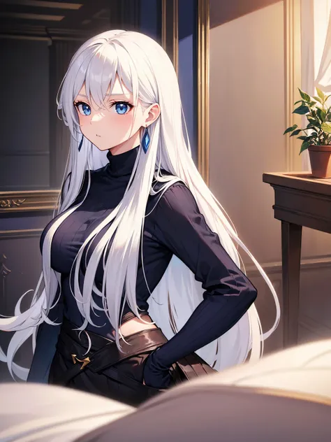 (artwork, best quality) a girl with long white hair, beautiful blue eyes, medium breasts, black turtleneck shirt, red earrings, in a room, perfect body, good waist, (zoom to her face)