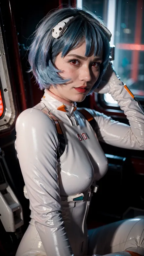 (masterpiece), (best quality), (red eyes), (epiCRealLife), (red lipstick), (j4nu4ryj0n3s) (young woman), (European Model), (Plugsuit), (ayanami_rei plugsuit), interface headset, white bodysuit),(white gloves) (red eyes), (blue hair), (medium breasts), (in ...