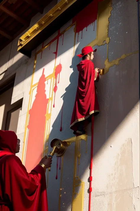 a wizard in a red robe and red hat,dripping in gold chains,spray-painting a wall with his wand using a spray-paint spell,cctv camera view,masterpiece,hyperrealistic