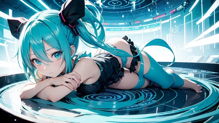 An image depicting Hatsune Miku traveling through the labyrinth of doubt。She&#39;s fighting the shadows、Moving towards hope for the future。With a thunderous bass line in the background、There is a bright light that represents hope.、It expresses a powerful f...