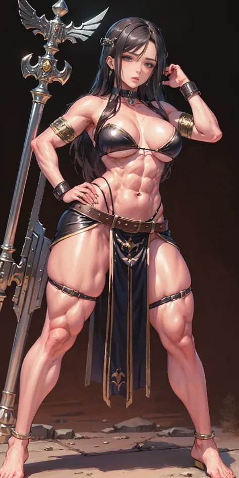 full body toe to head, masterpiece, 1soloMILF BIMBO standing loincloth pose, leather collar choker neck bell shackles wristbands bracers bracelets sleeves and stockings, strong body, abs, shiny skin (masterpiece, best quality) 1girlsolo wearing 40K Warhamm...