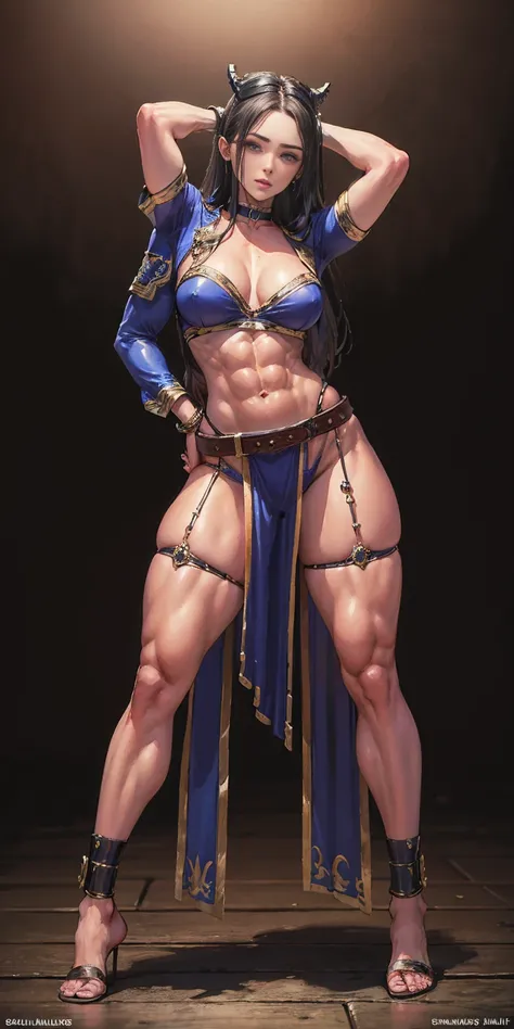 full body toe to head, masterpiece, 1soloMILF BIMBO standing loincloth pose, leather collar choker neck bell shackles wristbands bracers bracelets sleeves and stockings, strong body, abs, shiny skin (masterpiece, best quality) 1girlsolo wearing 40K Warhamm...