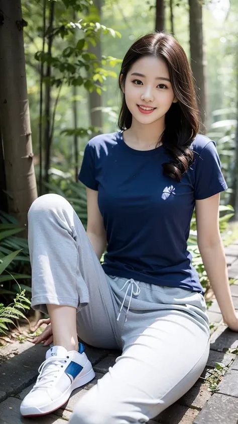 masterpiece, best quality, Surreal, Ultra Detailed, 8k resolution, RAW photos, Clear focus, (A girl in the forest), ((navy blue shirt:1.1)), Short sleeve, Long sweatpants,Full body posture, Solitary, Perfect body, Become a, 32 inches in the chest,(a charmi...