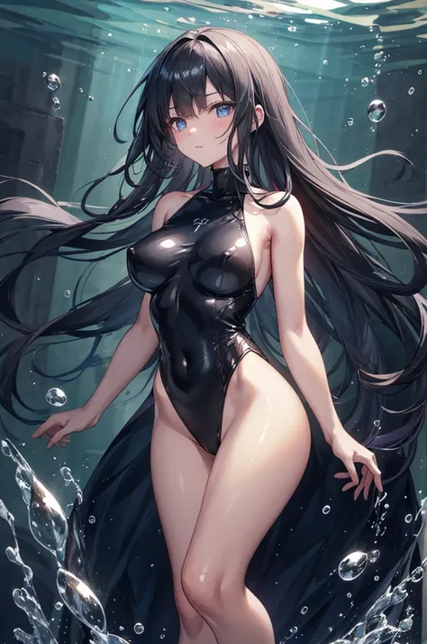 (ladys_whole_body_is_underwater),(standing),(front_view,view_straight),(clear_face,expressionless), break (super_long_black_hair:1.1),shiny_hair, break, super_highleg,black_Leotard,turtleneck, break, Shiny_skin,gleaming_skin, break, Large_breasts,skinny_fe...