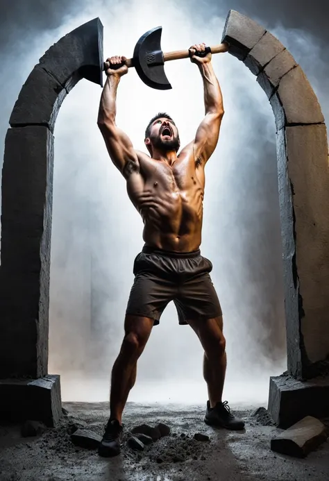 A man with a fit body is holding an ax above his head and is attacking through a portal