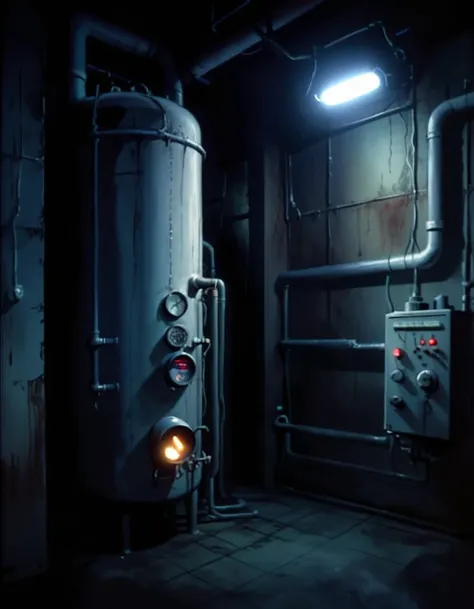 horror creepy boiler room, no lights, hyper realistic, horror, dark background, dark atmosphere, horror lighting, detailed, cine...