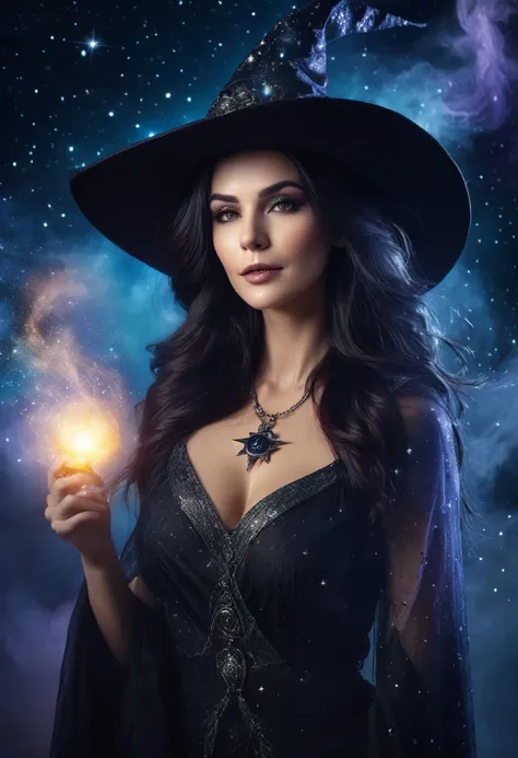 a beautiful woman WITCH  WITH A hat and UNIVERSE,STARS  the Style-RustMagic, Aum, (atmosfera escura:1.2), (Mist & smoke), (noite escura:1.3), Cicatrizes, (shaggy medium length dark hair:1.1), (sombra:1.1), (brilho lindamente detalhado:1.2), (cinematic ligh...