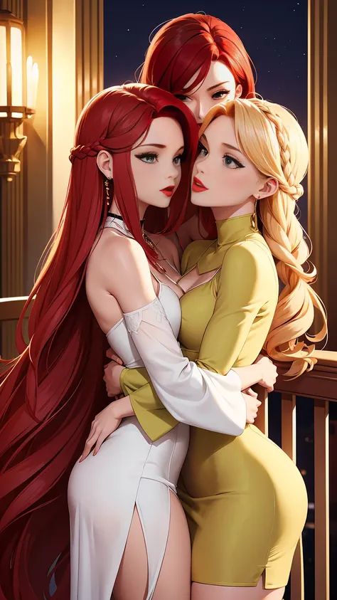 Two beautiful women with long braided red hair and mid wavy blond hair, respectivetly, with green eyes wearing a Short Mock Neck Cut Out Dress, Sexy Criss Cross Mock Neck ((Mid Sleeves)) Dress, ((luxurious jewelry)), standing in a balcony at night, hugging...