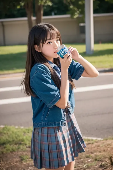 High school girl crushing an empty can　Photograph the whole body