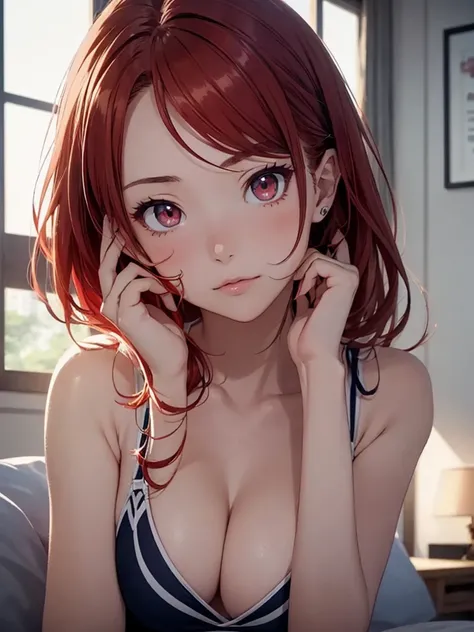 Beautiful young woman, Anime Style, Detailed face, Redhead, Red eyes, Delicate features, Soft lighting, Wearing a swimsuit, Lying in bed, Background of the school infirmary, Relaxed facial expression, Dynamic pose, Japanese Anime Style, high quality, Very ...