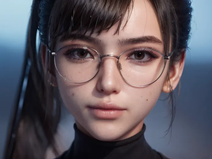 Masterpiece, portrait face, eve, stellar blade, fringe hair , ponytail hair,  black turtleneck shirt,  oiled skin , wet hair, posing , (light brown eyes), closed smile, ((blushing cheeks)), woman looking camera, Woman with rectangular magnifying glasses wi...