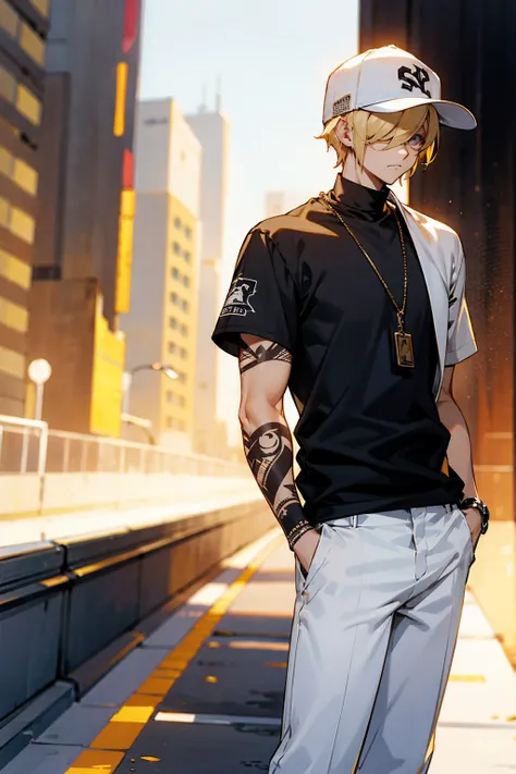 1male, blonde hair, hair over eyes, expressionless, black shirt, arm tattoos, white pants, baseball cap, city background, detailed background, hands to side, standing on path