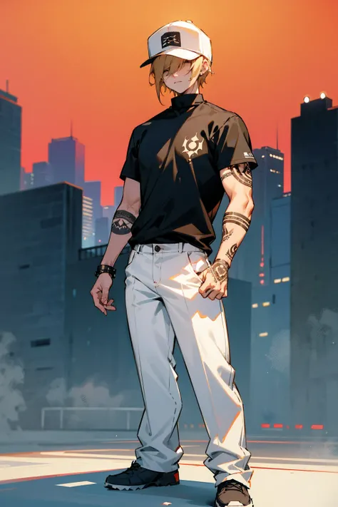 1male, blonde hair, hair over eyes, expressionless, black shirt, arm tattoos, white pants, baseball cap, city background, detailed background, hands to side, standing on path