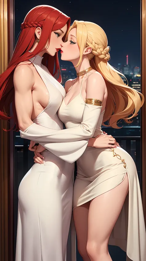 Two beautiful women with long braided red hair and mid wavy blond hair, respectivetly, with green eyes wearing a Short Mock Neck Cut Out Dress, Sexy Criss Cross Mock Neck ((Mid Sleeves)) Dress, ((luxurious jewelry)), standing in a balcony at night, hugging...