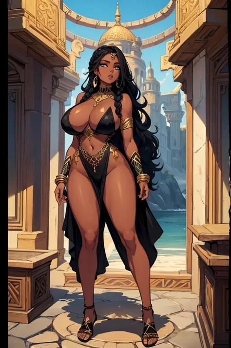 Masterpiece, perfect anatomy, incredible quality. (full body standing) ((huge breasts)) 1 beautiful woman, dark skin, black braided hair, full body fantasy Arabic clothing, fantasy Arabic jewelry, imitation Arabic right hand fantasy
