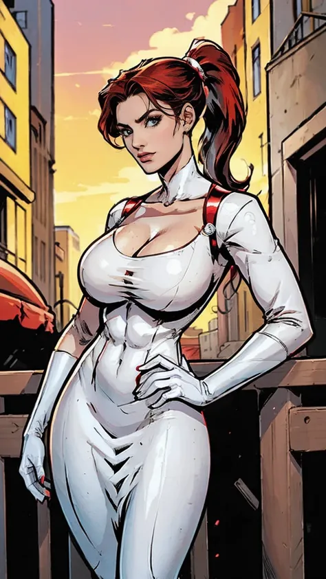 Stretcher, a comic book woman with powers like Elastigirl, wearing a smooth, sleek and stylish cherry red and white costume with white sides, standing in a city street, with her hair in a ponytail and a caduceus emblem on her chest.