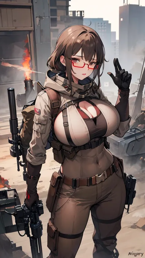 brown and gray sniper girl wearing brown militray suit，Huge Breasts，ruins，red glasses，Thick smoke，cleavage，Lipstick，pant