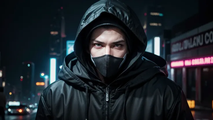 Image of a MAN with mask and hood, hacker ciberpunk, hacker, cibernegro, anonymous, cyber style, anonymous mask, papel de parede 4k, papel de parede 4k, cyber wear, cyber background, fvckrender, anonymous como um carro, tem estilo cyberpunk, viseira escura...