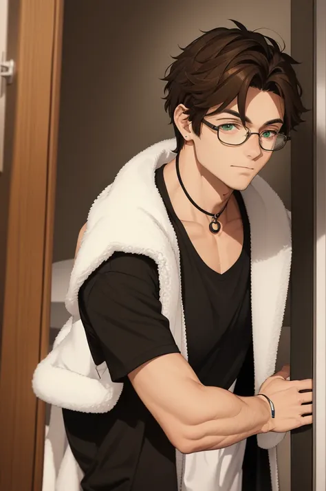 A young man in his 20s with brown hair and green eyes. Tanned skin, freckles, glasses. Fluffy dark brown hair, pierced ears. Strong looking. Wearing modern style clothes. In a bedroom. Shy expression. Masculine.