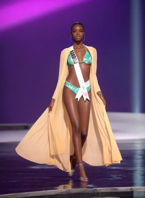 Una mujer en bikini y abrigo camina por una pasarela., Miss Universo, Maria Borges, bikini model, rendering of beauty pageant, diosa alta, delgada y hermosa, adut akech, swimsuit model, alto y delgado, Bahamas, prenda blanca y verde azulado, modelo posando...