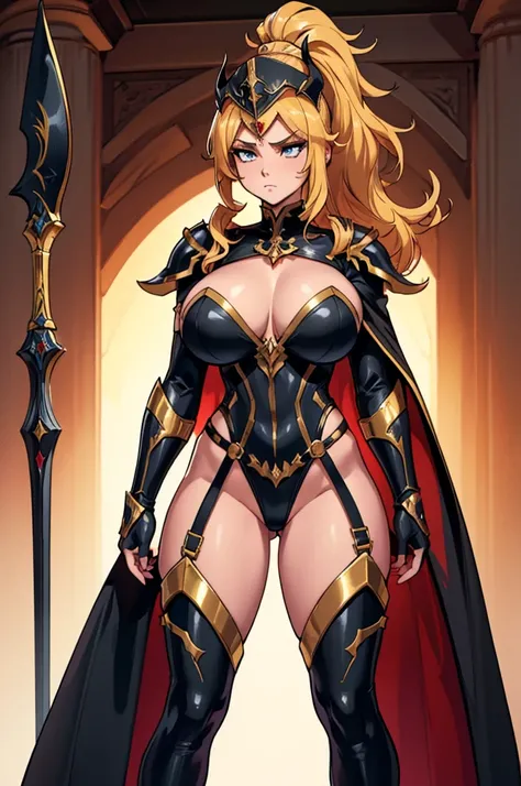 Masterpiece, perfect anatomy, incredible quality. (body, full, standing) ((huge breasts)) 1 beautiful woman, golden hair in a ponytail, black crusader armor with gold details full body, red protective cape, crusader headdress, black sword in the right hand...