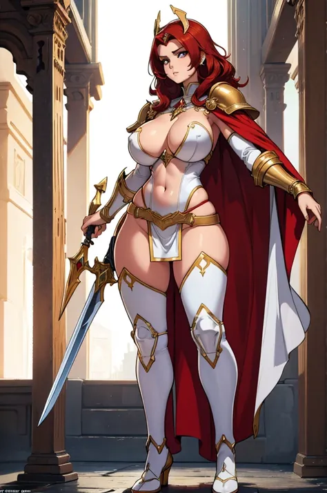 Masterpiece, perfect anatomy, incredible quality. (body, full, standing) ((huge breasts)) 1 mature woman, mature and sensual body, very short and disheveled red hair, white crusader armor with gold details full body, white protective cape, crusader headdre...