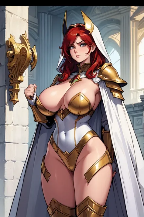 Masterpiece, perfect anatomy, incredible quality. (body, full, standing) ((huge breasts)) 1 mature woman, mature and sensual body, very short and disheveled red hair, white crusader armor with gold details full body, white protective cape, crusader headdre...