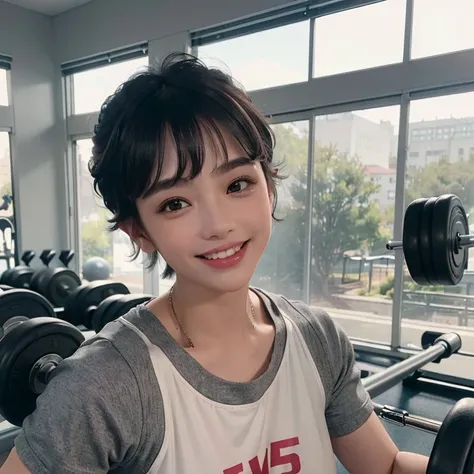 Shooting boyish short hair、(((huge :1.5、Gray short sportswear、Sports gym、power rack、see whole body)))、a smile、small head、Bangs、Cheese、short curly hair、small head、pale pink lips、smile smile、a sexy