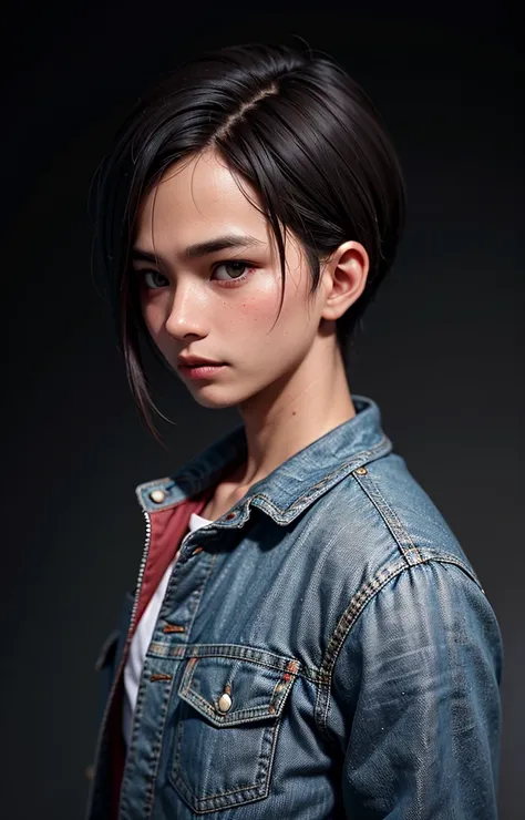 a indonesian man, french crop hair, wearing a denim jacket, upper body, potraits, dark background