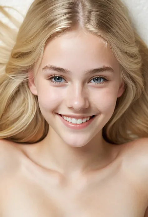 white young teen, (beautifully detailed face), long blonde hair, smiling, nude, viewed from above