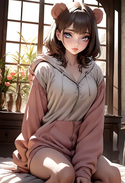 
cute anime girl, 20 years old, Fuzzy Bear hoodie with no pants,Hyper realistic eyes {{digital art}}, (best quality,4k,8k,highres,masterpiece:1.2),ultra-detailed,(realistic,photorealistic,photo-realistic:),beautiful detailed eyes,beautiful detailed lips,ex...